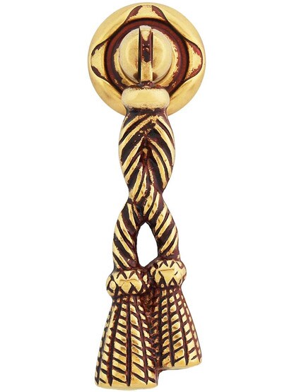 Rope Tassel Drop Pull with Round Rosette - .87 inch x 2.83 inch in French Antique Gold.
